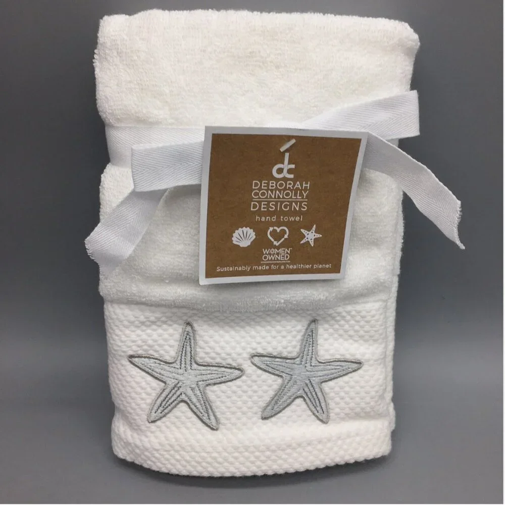 Deborah Connolly Silver Starfish Hand Towel Set of 2 Embroidered Ocean Bathroom